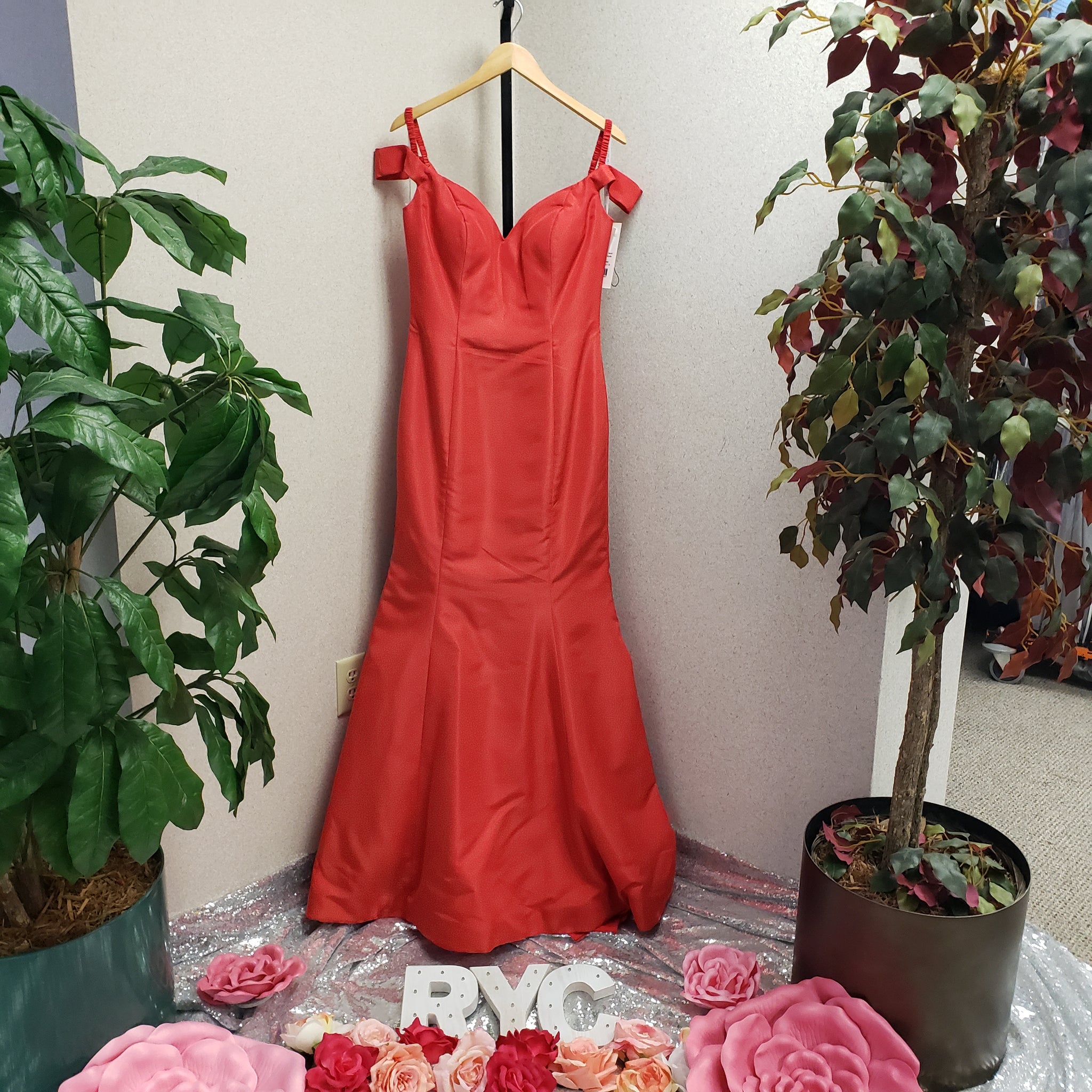 red formal dress size 12 Ladivine CC415 Size 12 Red Sheer Beaded V Neck Corset Prom Dress A Line Shimmer Ballgown Formal Gown